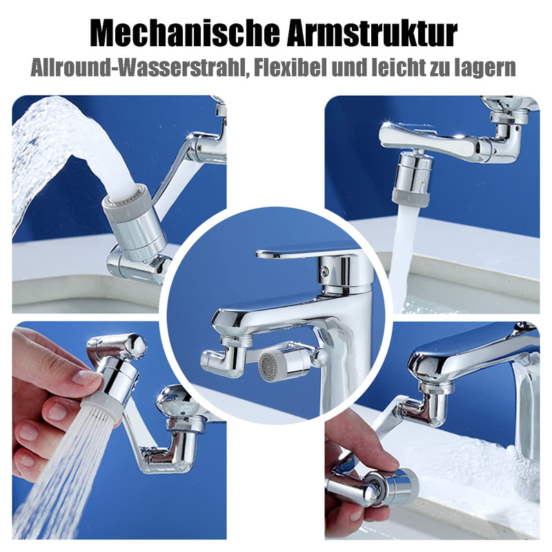 [Australia - AusPower] - 1080 Degree Rotating Multifunctional Extension Tap, Yrakozin Tap Attachment with 2-Way Adjustable Aerator for Kitchen Bathroom, 1440° Tap Extension with Aerators - Silver Messing + Silikon 