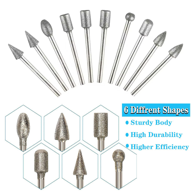 [Australia - AusPower] - Yuentoen Diamond Cutter Set, 20 Pieces Diamond Burr Grinding Pins for Dremel Rotary Tool Accessories with 1/8 Inch Shank for Stone Glass Ceramic Carving, Grinding, Polishing, Engraving 