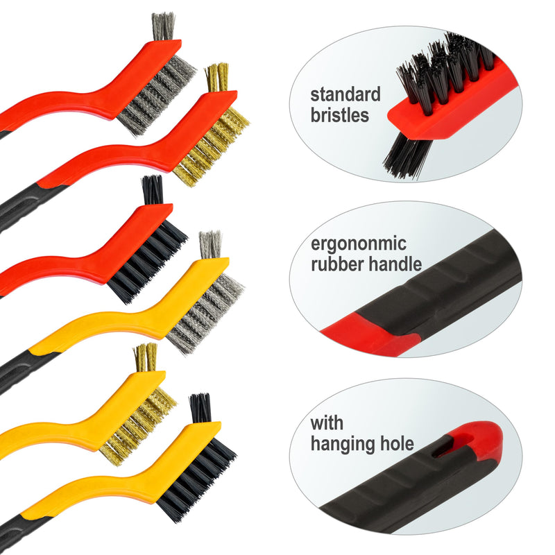 [Australia - AusPower] - 6Pcs Small Wire Brushes for Cleaning Rust, Brass/Nylon/Stainless Steel Brushes with Curved Handle for Cleaning Metal, Paint Removal, Weld Slag & Dirt Cleaning 