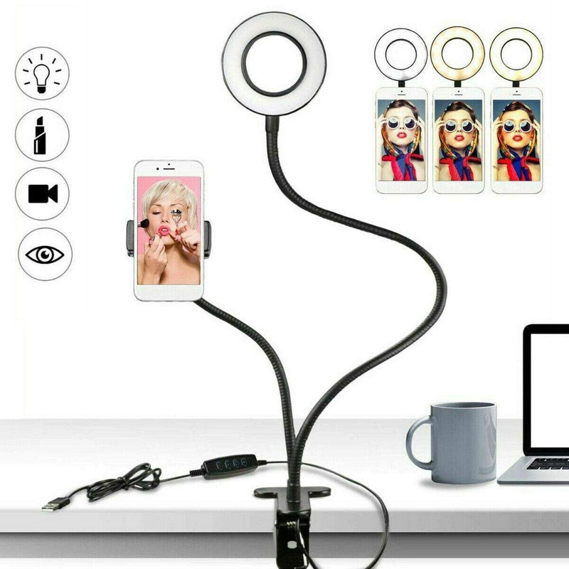 [Australia - AusPower] - Universal Selfie Ring Light with Flexible Mobile Phone Holder Lazy Bracket Desk Lamp LED Light for Live Stream Office Kitchen 