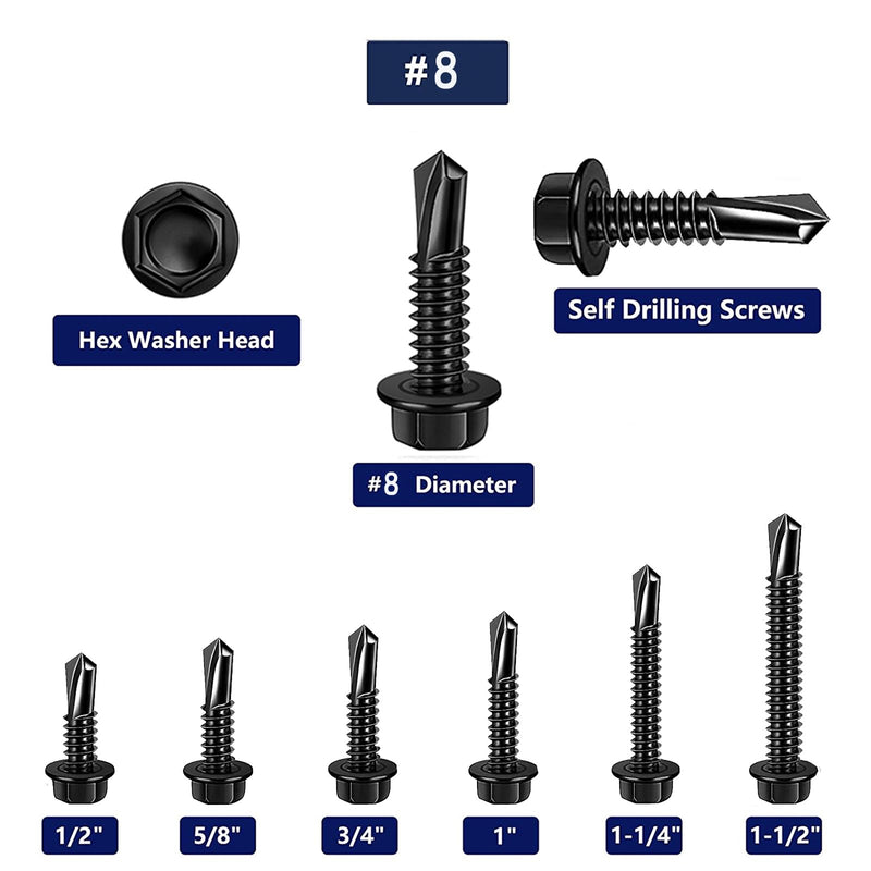 [Australia - AusPower] - 100 PCS 410 Stainless Steel #8X5/8" Self Tapping Screws for Metal, Self Drilling Screws Assortment Kit, Black Oxide. (HEX #8X5/8") HEX #8X5/8" 
