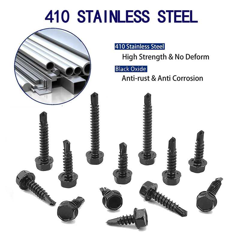 [Australia - AusPower] - 100 PCS 410 Stainless Steel #8X5/8" Self Tapping Screws for Metal, Self Drilling Screws Assortment Kit, Black Oxide. (HEX #8X5/8") HEX #8X5/8" 