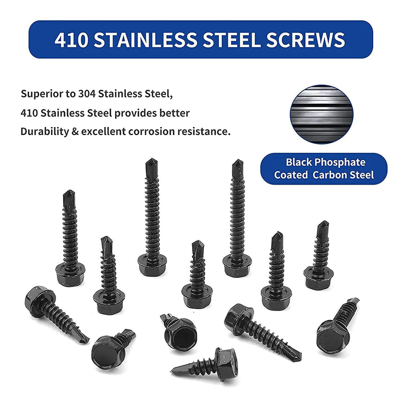 [Australia - AusPower] - 100 PCS 410 Stainless Steel #8X5/8" Self Tapping Screws for Metal, Self Drilling Screws Assortment Kit, Black Oxide. (HEX #8X5/8") HEX #8X5/8" 