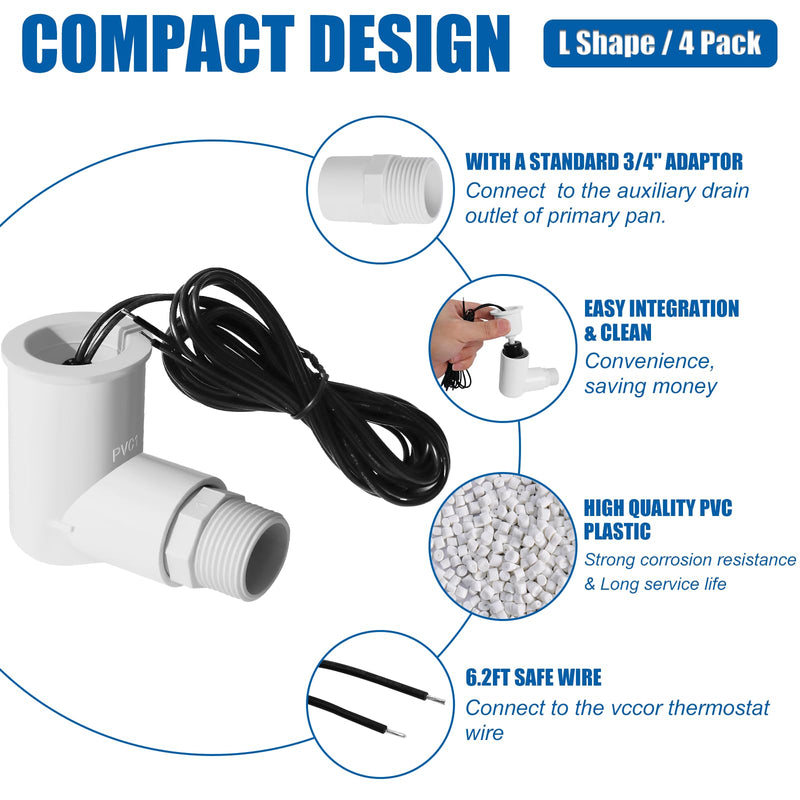 [Australia - AusPower] - SS2 AC Float Switch L Shape for HVAC Drain Pan Condensate Outlet, 3/4 Inch Condensate Shut Off Sensor Float Safety Switch for Condensating Overflow Detection - 4 Pack 