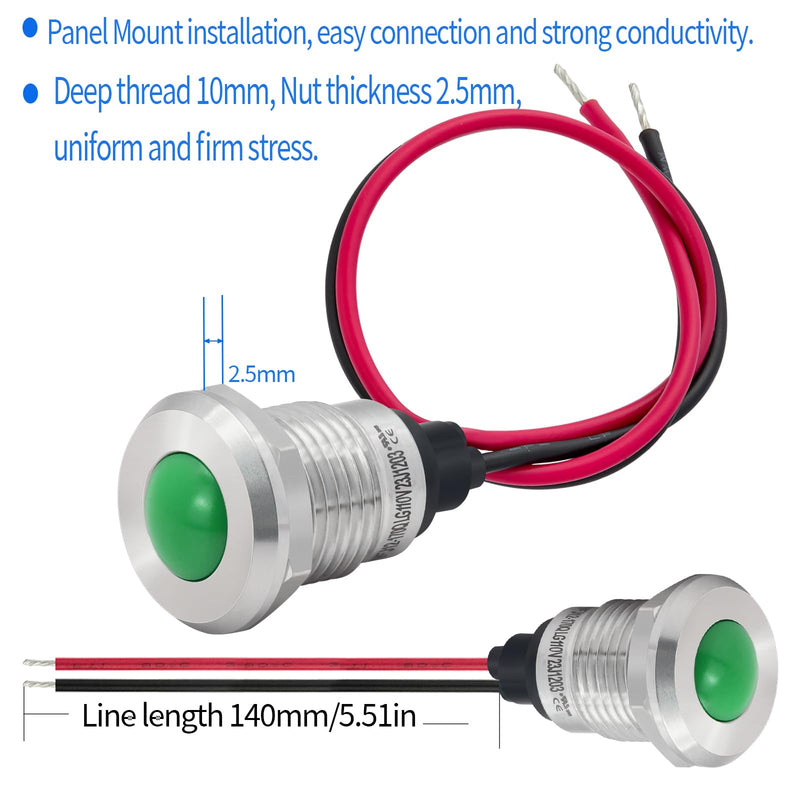 [Australia - AusPower] - Indicator Light 12mm 0.47" LED Lamp with 140mm/5.5" Wire Pilot Lights Waterproof IP67 Metal Stainless Steel Signal Indicator Lamp Panel 2PCS (Green, 110V-120V AC/DC) Green 