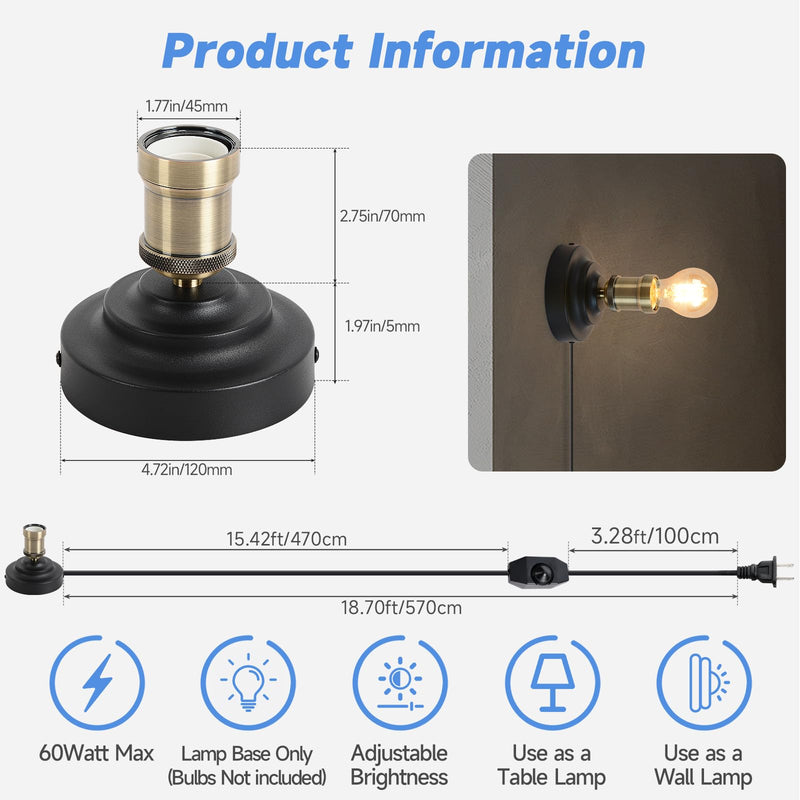 [Australia - AusPower] - Small Chandelier Base, Plug dimming Cable Length 570 cm, Suitable for corridors, Walls, farmhouses, Halls and Other E26-E27 lamp Holders. 