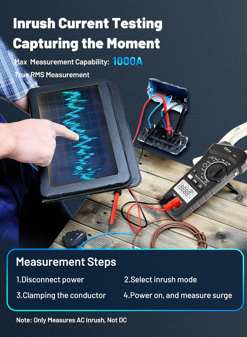 [Australia - AusPower] - Inrush Digital Clamp Meter Multimeter, 1000A Amp Clamp Meter Voltage Tester with VFD, TRMS 6000 Counts, Measures AC/DC Current Voltage, Temp, Resistance, Capacitance, Frequency, Continuity, NCV 