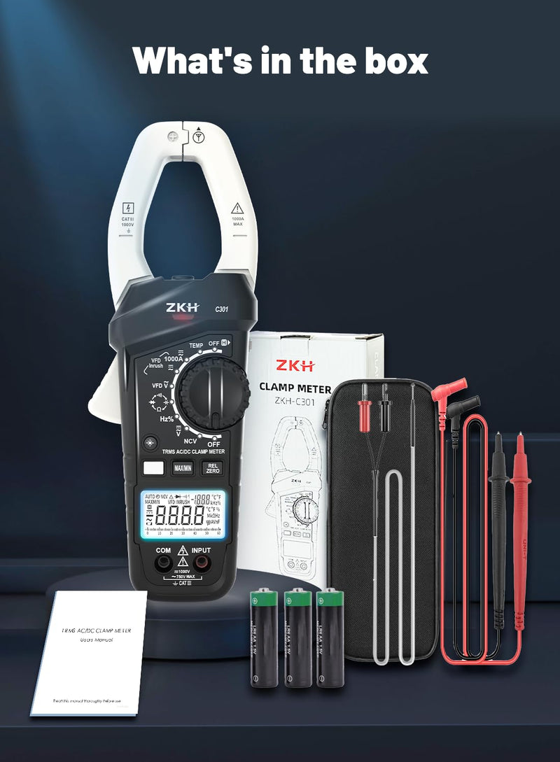 [Australia - AusPower] - Inrush Digital Clamp Meter Multimeter, 1000A Amp Clamp Meter Voltage Tester with VFD, TRMS 6000 Counts, Measures AC/DC Current Voltage, Temp, Resistance, Capacitance, Frequency, Continuity, NCV 