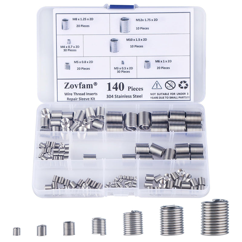 [Australia - AusPower] - Wire Screw Sleeve Thread Repair Inserts Assortment Kit 304 Stainless Steel Metric M3 M4 M5 M6 M8 M10 M12 Wire Thread Inserts Helicoil Thread Repair Kit 140Pcs 