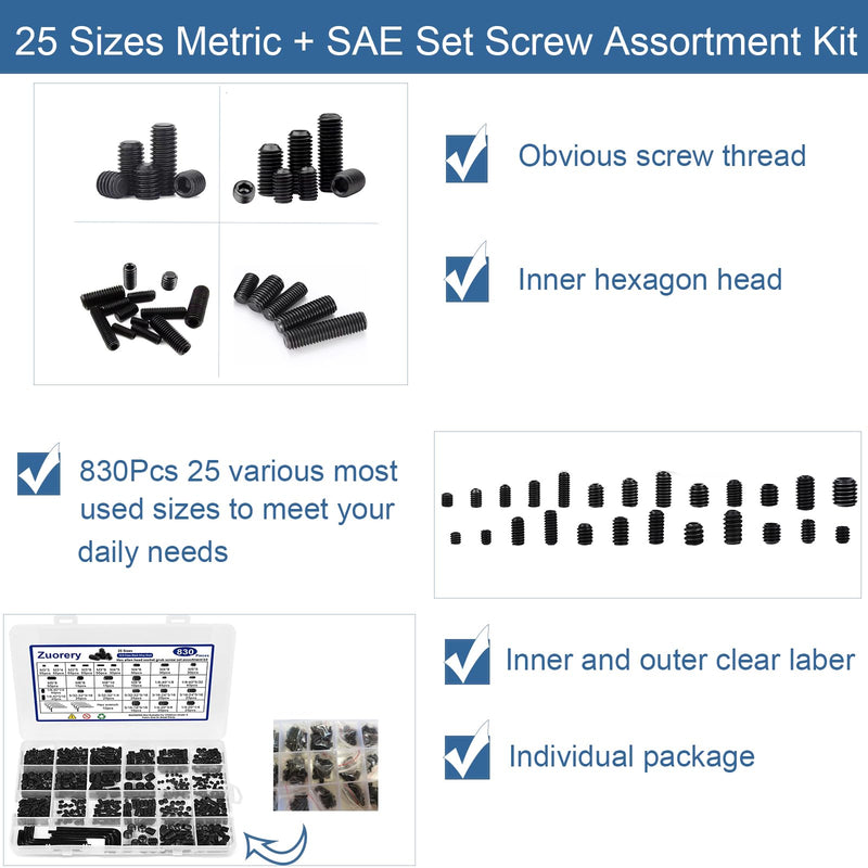 [Australia - AusPower] - 830Pcs 25 Sizes Metric + SAE Set Screw Assortment Kit, Internal Hex Drive Cup-Point Allen Screws Set 12.9 Class Alloy Steel Grub Screw (M3-M8, 1/8"-40 to 5/16"-18) 