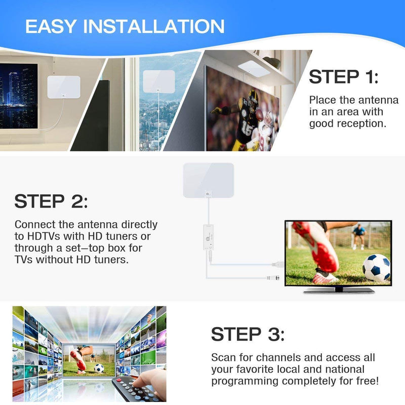 [Australia - AusPower] - 1byone Amplified HD Digital TV Antenna - Support 4K 1080p and All Older TV's - Indoor Smart Switch Amplifier Signal Booster - Coax HDTV Cable/AC Adapter 