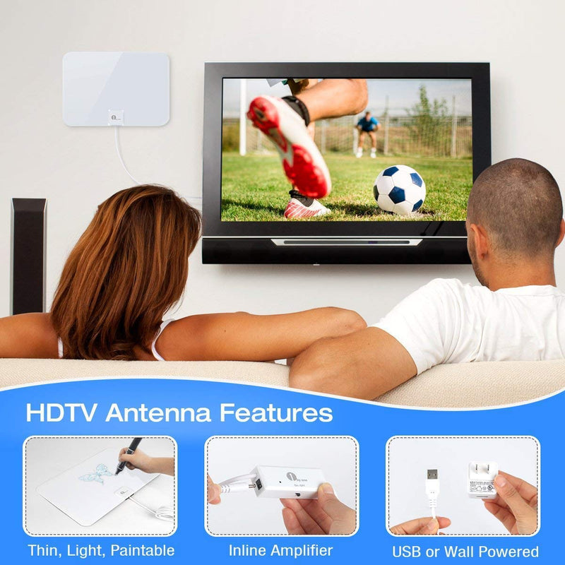 [Australia - AusPower] - 1byone Amplified HD Digital TV Antenna - Support 4K 1080p and All Older TV's - Indoor Smart Switch Amplifier Signal Booster - Coax HDTV Cable/AC Adapter 