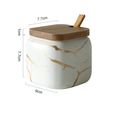 [Australia - AusPower] - Marble Ceramics Sugar Bowl Ceramic Seasoning Box Ceramic Spice Jars Porcelain Condiment Pots with Lid and Spoon (White) White 