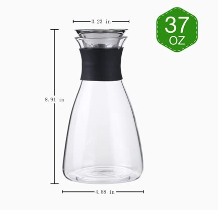 [Australia - AusPower] - Emica 37oz/1100ml Glass Carafe with Stainless Steel Silicone Filter Lid, Borosilicate Glass Pitcher with Flow Lid, Water Jug, Juice Pitcher for Homemade Beverage/ Serving Wine/ Coffee/ Milk/ Iced Tea 37oz- without Handle 