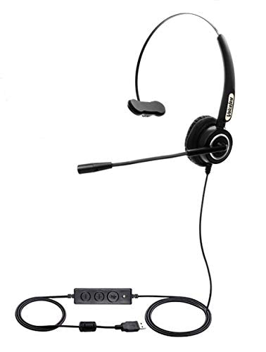 [Australia - AusPower] - USB Plug Corded Headphone Call Center Comfort Noise Cancelling Headset with Adjustable Mic, Mute Volume Control for Laptops PC Computers Black/Silver 