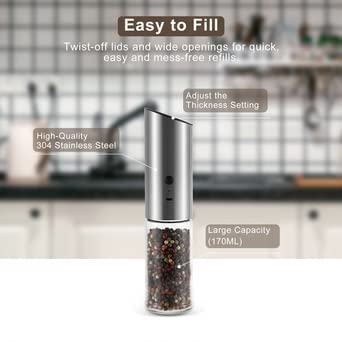 [Australia - AusPower] - Rechargeable Electric Pepper Grinder, Automatic Electronic Pepper Mill with Adjustable Coarseness- 170ML High Capacity 
