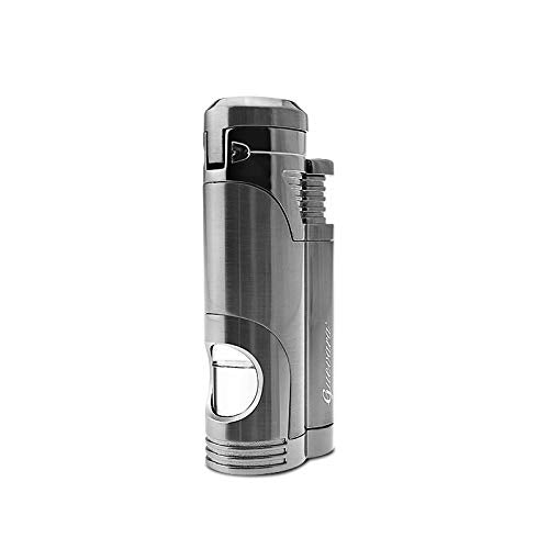 [Australia - AusPower] - Cigar Torch Butane Lighters Fuel Refillable Lighter with Punch Cutter and Set Double Jet Strong Flame Windproof Gray 