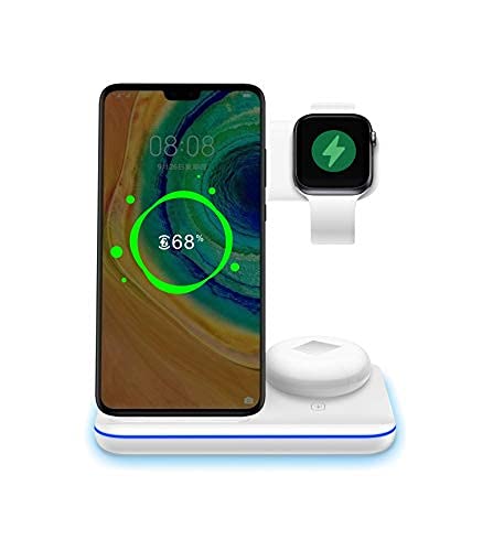[Australia - AusPower] - Souka International 3 in 1 White Fast Wireless Charger Charging Station Dock for Apple, Android Phones Apple Watch SE 6 5 4 3 2, Airpods Pro, iPhone 12/11/11 Pro/X/Xr/Xs/8 Plus, Qi-Certified Phones 