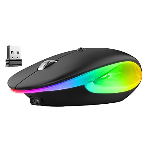 [Australia - AusPower] - Dancesoul LED Rechargeable Wireless Mouse, 2.4G Noiseless Mouse with USB Receiver and RGB Light,Portable Computer Mice for PC, Tablet, Laptop-Black Mouse 