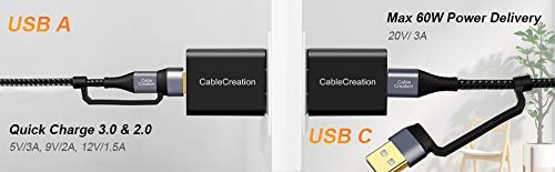 [Australia - AusPower] - CableCreation 2 in 1 USB C Cable 4FT Braided USB2.0 C to C Cable 60W USB-A/C to C 3A Fast Charging Cable Data 480Mbps for MacBook iPad Mini iPad Pro Z Flip S21 S20 and Other USB C Devices Black 1.2m 