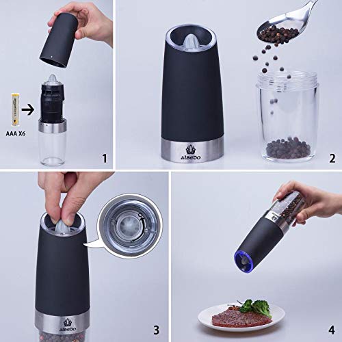 [Australia - AusPower] - Gravity Electric Salt or Pepper Grinder with Adjustable Coarseness Automatic Pepper and Salt Mill Battery Powered with Blue LED Light,One Hand Operated by aLBeDo Black 