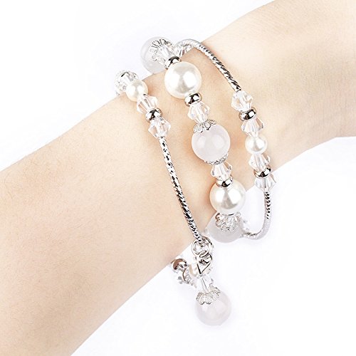 [Australia - AusPower] - GEMEK Compatible With White Apple Watch Band 42/44/45mm Women Agate Pearl Bracelet Strap, Fashion Handmade Elastic Replacement for iWatch Bands Series 7/6/5/4/3/2/1 Girls Wristband (Silver) White 42mm/44mm/45mm 