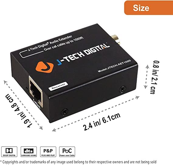 [Australia - AusPower] - Digital Audio Extender Converter for Optical/Coaxial Audio Over Single Cat5e/6 Cable (PoC) up to 990 (300m) for Dolby Digital, DTS 5.1, DTS-HD, PCM by J-Tech Digital [JTECH-AET1000] 990 FT 