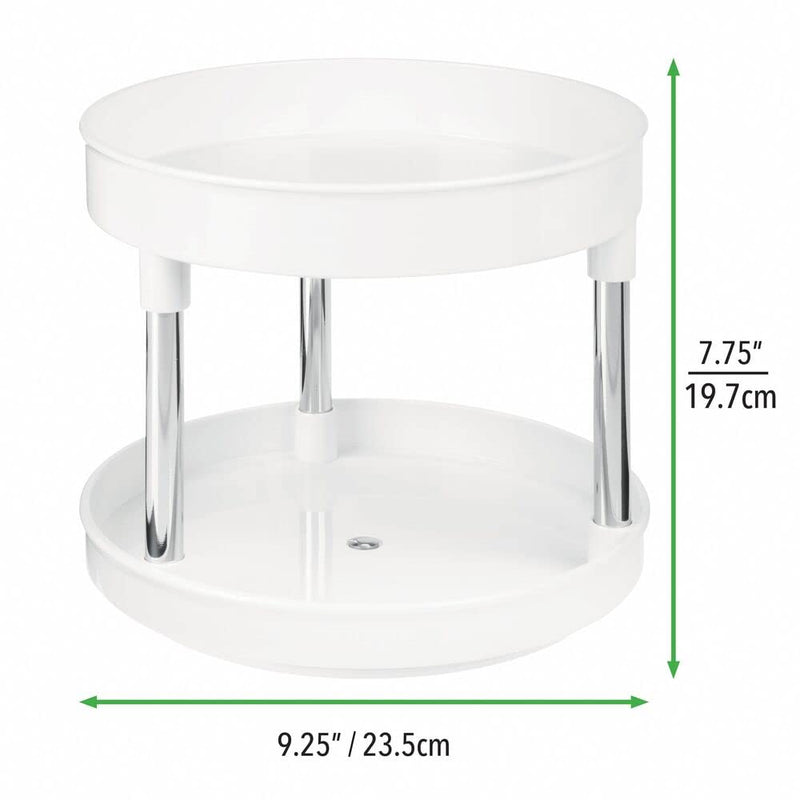 [Australia - AusPower] - mDesign Plastic Spinning 2 TierLazy Susan Turntable Storage Tray - Raised Edge, Rotating Storage Organizer for Desktop, Drawer, Office Supplies, Erasers, Tape, Notepads, Colored Pencils - White/Chrome 