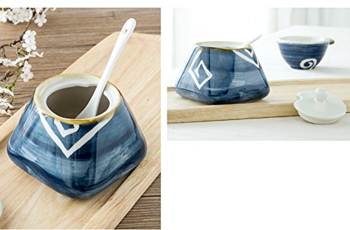 [Australia - AusPower] - CHOOLD Vintage Hand-Painted Ceramic Spice Jar with Lid Spoon Seasoning Box Condiment Pots Spice Racks for Kitchen Restaurant Housewarming Gift Stripe 