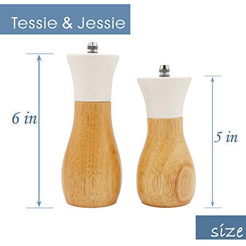 [Australia - AusPower] - Salt Grinder White Wooden Pepper Grinder Sea Salt And Pepper Grinders Set 5” And 6” Salt Mills of Oilcan Shaped For Blue Or White By Tessie & Jessie (Oilcan, White) Oilcan(5"+6") 