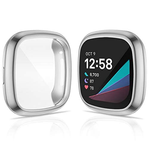 [Australia - AusPower] - CAVN 4-Pack Screen Protector Case Compatible with Fitbit Sense/Versa 3, Full Coverage Soft TPU Protective Screen Cover Saver Bumper for Sense Smartwatch (Black/Charcoal/Silver/Clear) Black/Charcoal/Silver/Clear 