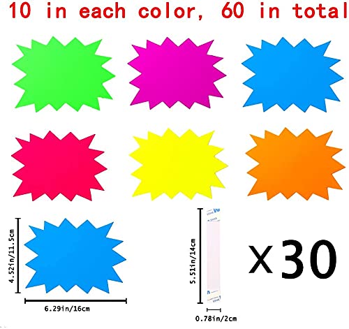 [Australia - AusPower] - 60 Pieces Starburst Signs Star Fluorescent Neon Paper for Retail Store, 6 Bright Colors Blank Sales Burst Signs for Retail Store, Garage Sale Sign，with 30 Pcs PVC Self-Adhesive Strips (6.4 x 4.8 inch) 