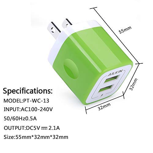 [Australia - AusPower] - Wall Charger, [3-Pack] 5V/2.1AMP Ailkin Colorful 2-Port USB Wall Charger Home Travel Plug Power Adapter Charging Block for iPhone 13 12 pro Max 11 10 SE X XR XS 8 Plus, Samsung Galaxy Note 20 LG Moto MultiColor1 