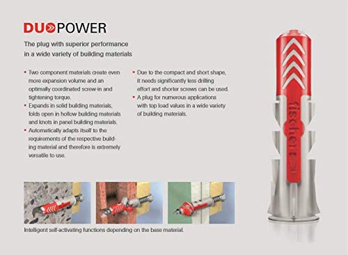 [Australia - AusPower] - fischer DuoPower 3/16" x 1" S PH, Powerful Universal Plug with Panhead Screw, Intelligent 2-Component Technology for fastenings in Concrete, Bricks, Gypsum plasterboard, etc, 50 Plugs & 50 Screws 