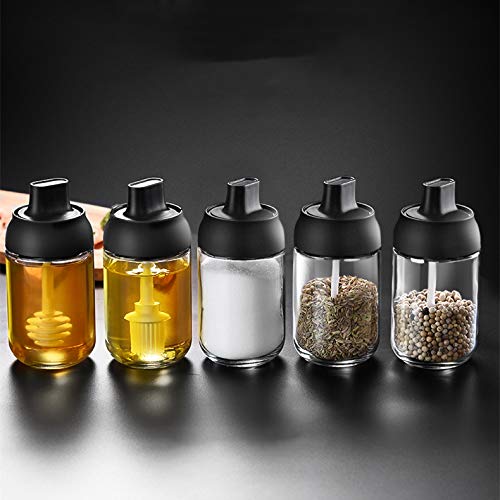 [Australia - AusPower] - Hovico 3Pcs Glass Flavoring Bottle Seasoning Box,Seal and Damp-proof with Lid and Seasoning Spoon,Honey Dippers，Oil Brush,Suitable for Store Salt, Spices, Honey Seasonings 
