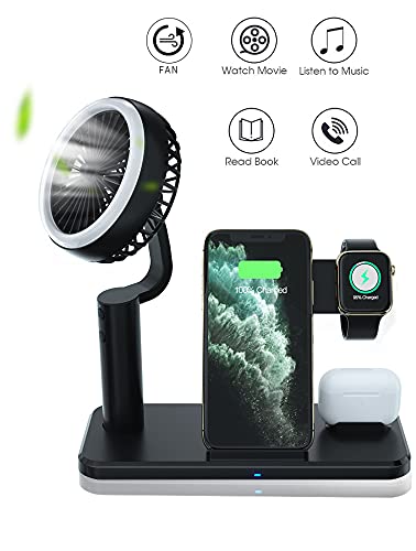 [Australia - AusPower] - 4 in 1 Wireless Charger with Mini Handheld Fan,18W Portable Wireless Charging Station for Multiple Devices with LED Light, Fast Wireless Charger Dock for iPhone 11/12/ Pro/MaX/Samsung/Airpods/iWatch 