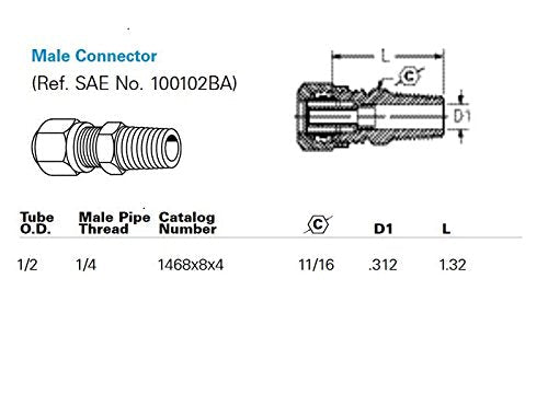 [Australia - AusPower] - EATON Weatherhead 1468X8X4 Air Brake Tubing Male Connector, 1/2" Tube OD, 1/4" Male Pipe Thread 