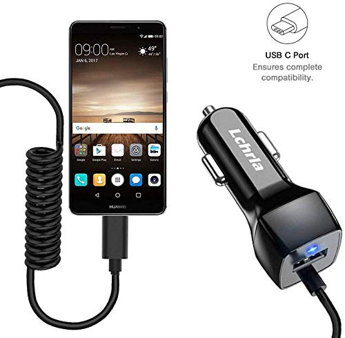 [Australia - AusPower] - Lchrla USB Car Charger, Type C Android Phone Car Adapter Built-In Curly Cable Compatible with Samsung Galaxy S8 S9 S10 Plus Note 9 8, LG G7/G6/G5/V40/V30/V20 Google Nexus Car Charger with 3.3FT USB C Coiled Cable 