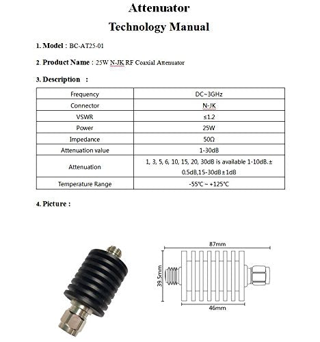 [Australia - AusPower] - BECEN 25W N Male to Female Connector RF attenuator,1-30db,DC to 3GHz,50 Ohm (3db) 3db 