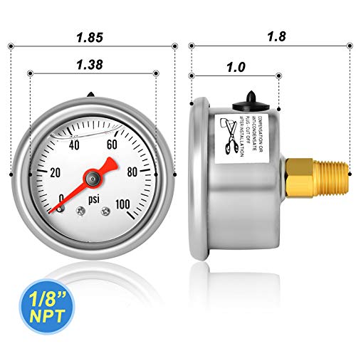 [Australia - AusPower] - MEANLIN MEASURE 0~100Psi Stainless Steel 1/8" NPT 1.5" FACE DIAL， Glycerin Filled Fuel Pressure Gauge， Liquid Filled Pressure Gauge WOG Water Oil Gas Center Back Mount 0-100Psi 