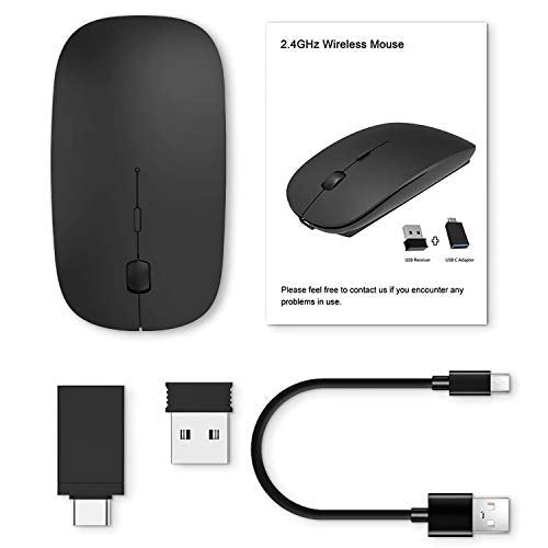 [Australia - AusPower] - OKIMO Rechargeable Wireless Mouse, 2.4Ghz Silent Computer Office Portable Slim Optical Mouse with USB Receiver Type-C, 3-Level Adjustable DPI for Laptop, Computer, MacBook, Notebook, PC (Black) 