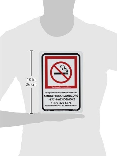 [Australia - AusPower] - NMC M713R Arizona No Smoking Sign with Graphic, 10" Length x 7" Height, Aluminum 0.40, Red/Black on White RIGID PLASTIC .050 7 x 10 