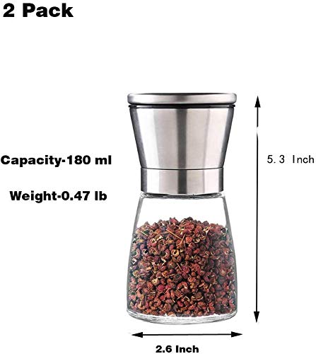 [Australia - AusPower] - 2 Packs Salt and Pepper Mills Brushed Stainless Steel Salt and Pepper Grinder Set(Pack of 2) with Adjustable Ceramic Coarseness Grinder and Glass Body- Salt and Pepper Shakers 