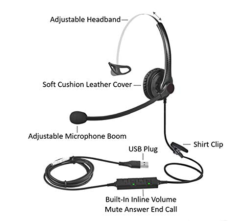 [Australia - AusPower] - USB Plug Hands-Free Call Center Noise Cancelling Corded Monaural Headset Headphone with Mic Mircrophone for Both Office PC VOIP Softphone and Telephone with USB Plug for Headset 