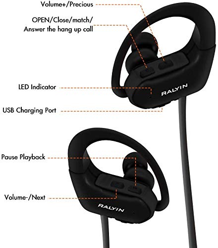 [Australia - AusPower] - Ralyin Bluetooth Headphones with Mic Sport Wireless Earbuds Built in Microphone Ear Hook Headset for Running Jogging Gym Workout Sweatproof Earphones Cordless Audifonos 8 Hours Play Time 