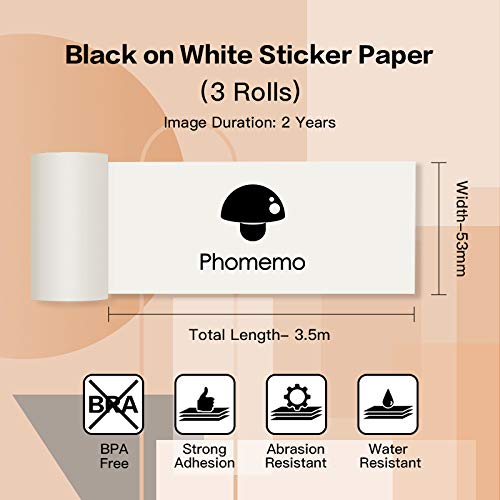 [Australia - AusPower] - Phomemo M02/M02 Pro/M02S/M03 White Sticker Paper, Black on White Thermal Paper, 50mm x 3.5m, Diameter 30mm, 3-Rolls 