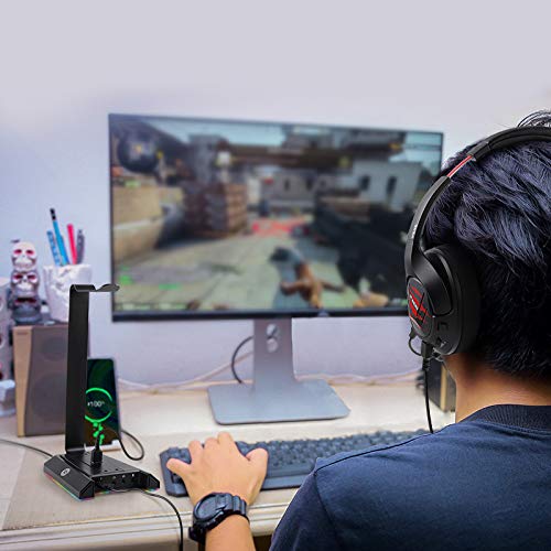 [Australia - AusPower] - RGB Headphone Stand with 7.1 Surround Sound, EKSA Gaming Headset Holder with USB & 3.5mm Ports, Headset Stand for Desk Perfect Gaming Accessories Gifts for Desktop Gamers, Suitable for Most Headphones 