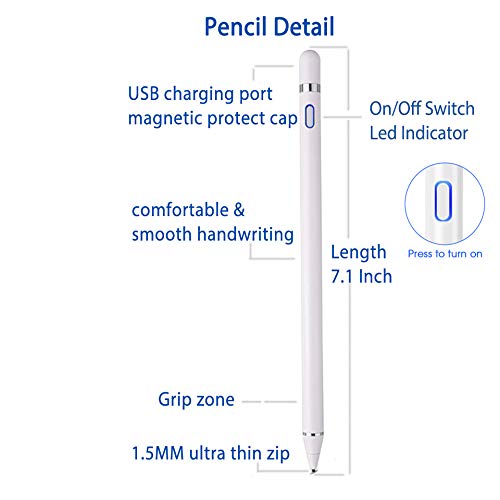 [Australia - AusPower] - Stylus Pens for Touch Screens, Active Pencil Smart Digital Pens Rechargeable Fine Point Stylist Compatible with Apple iPad and Other Tablets (White) White 