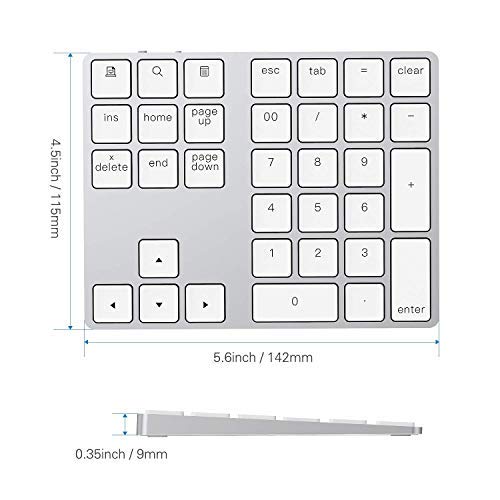 [Australia - AusPower] - Bluetooth Number Pad, Lekvey Aluminum Rechargeable Wireless Numeric Keypad Slim 34-Keys External Numpad Keyboard Data Entry for Laptop, MacBook, MacBook Air/Pro, iMac, Windows, Surface Pro - Silver White and Silver 
