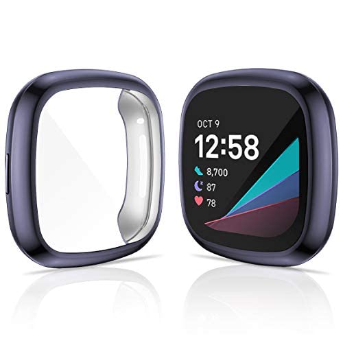 [Australia - AusPower] - CAVN 4-Pack Screen Protector Case Compatible with Fitbit Sense/Versa 3, Full Coverage Soft TPU Protective Screen Cover Saver Bumper for Sense Smartwatch (Black/Charcoal/Silver/Clear) Black/Charcoal/Silver/Clear 